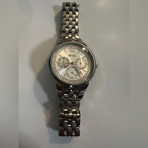 Relic Silver Tone Crystal Bezel Multifunction Bracelet Watch